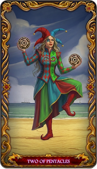 Two of Pentacles, a tarot card from the Suit of Pentacles