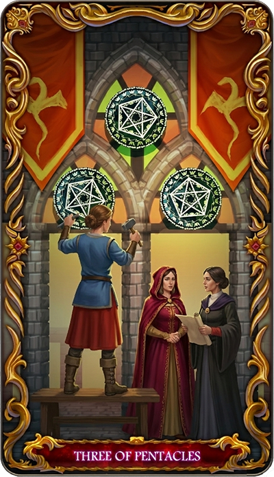 Three of Pentacles, a tarot card from the Suit of Pentacles