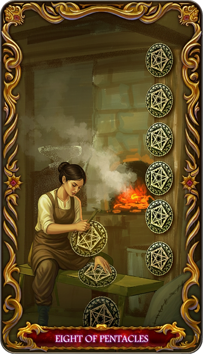 Eight of Pentacles, a tarot card from the Suit of Pentacles