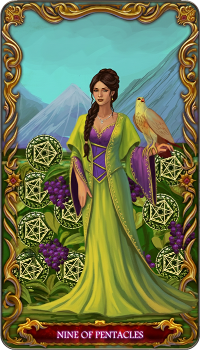Nine of Pentacles, a tarot card from the Suit of Pentacles