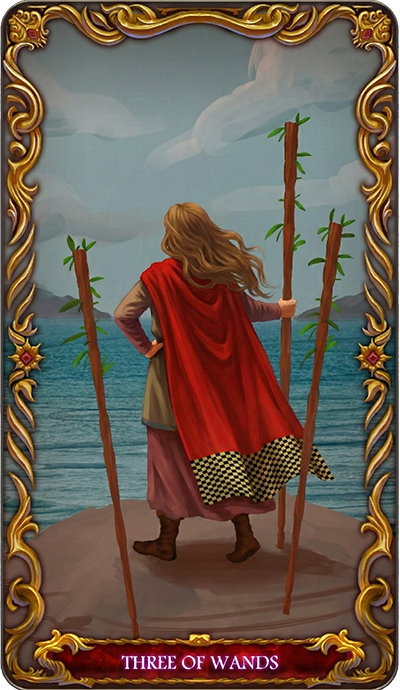 Three of Wands, a tarot card from the Suit of Wands