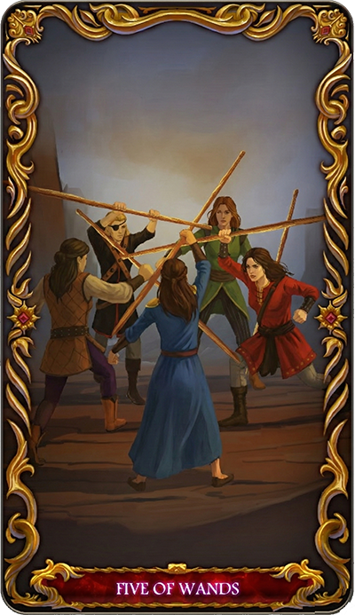 Five of Wands, a tarot card from the Suit of Wands